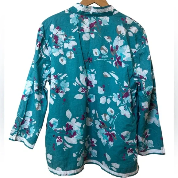 🍪 JM Collection Floral Teal Cotton Tunic Top 16 - Picture 2 of 5